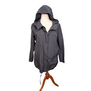 Eileen Fisher rain wind black jacket hood snap zip close hip long pockets Sz S